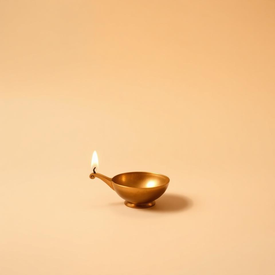 A single lit brass oil lamp