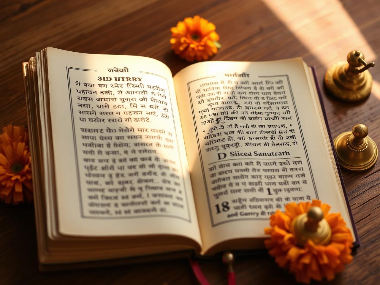 Open scripture with marigold flowers and a brass bell